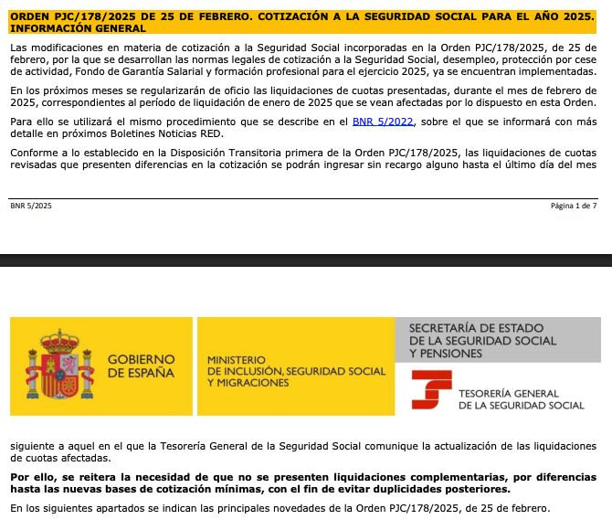 Boletín Red de la Seguridad Social información del error en las bases mínimas de cotización