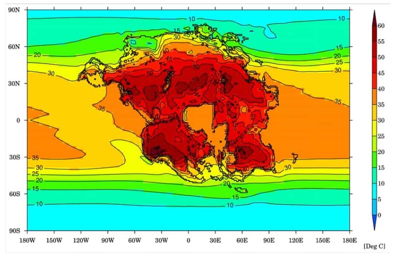 La imagen muestra la temperatura promedio (grados Celsius) del mes más cálido para la Tierra y el supercontinente proyectado (Pangea Ultima) en 250 millones de años