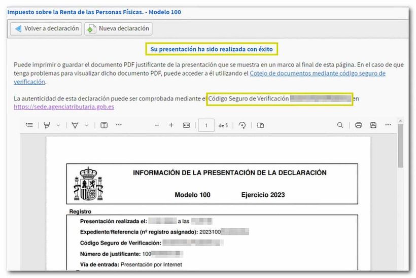 Justificante de presentación del modelo 100 de la declaración de la Renta