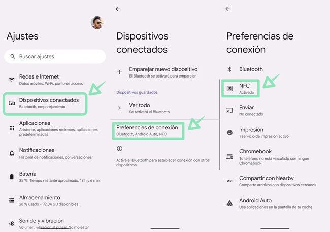 Mapa de activación de la función NFC en un móvil Android