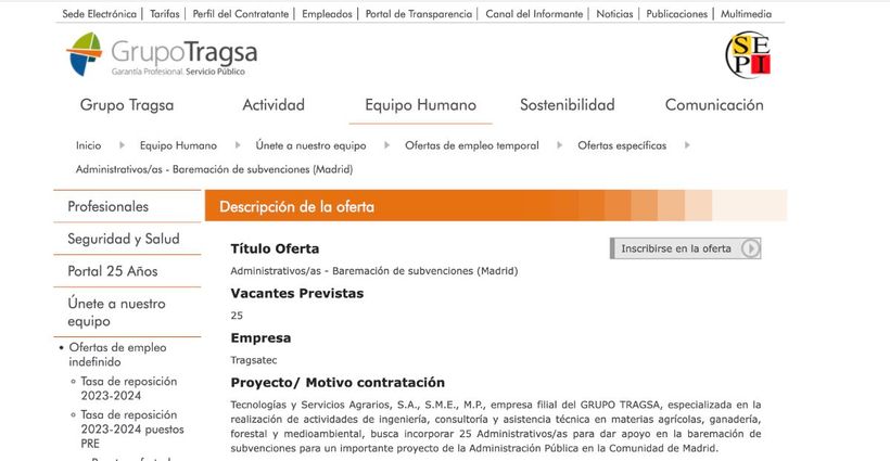 Oferta de empleo de administrativos en Tragsa