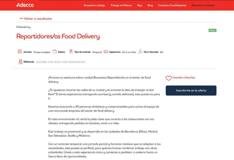 Captura con la oferta de empleo de repartidores de Adecco