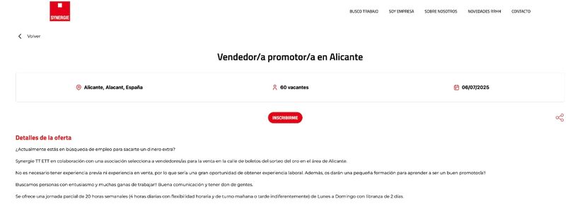 Captura con la oferta de empleo de Synergie