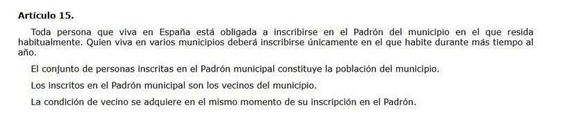 captura del articulo en el boe con la ley de empadronamiento