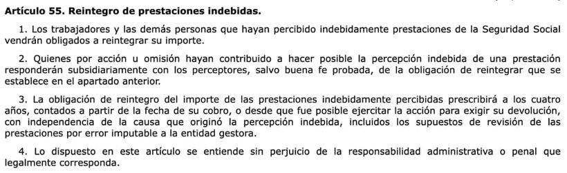 Captura del artículo 55 sobre reintegro de prestaciones indebidas de la Seguridad Social y prescripción a 4 años