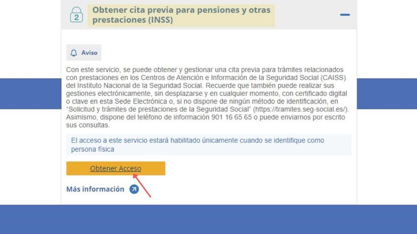 Pantalla de la Sede Electrónica de la Seguridad Social para “Obtener cita previa para pensiones y otras prestaciones (INSS)” con el botón “Obtener Acceso” señalado.
