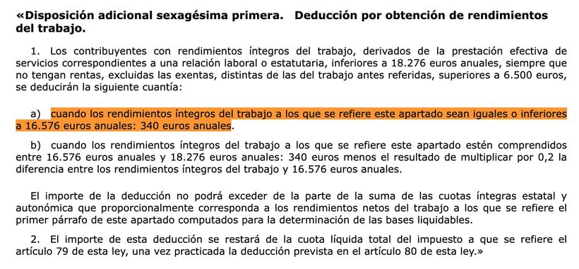 Captura de la Disposición adicional sexagésima primera. Deducción por obtención de rendimientos del trabajo