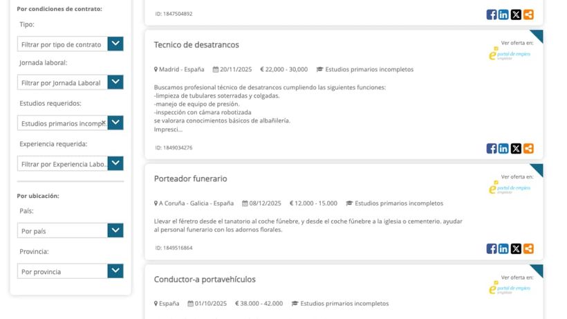 Captura del portal de empleo empléate con varias ofertas de empleo