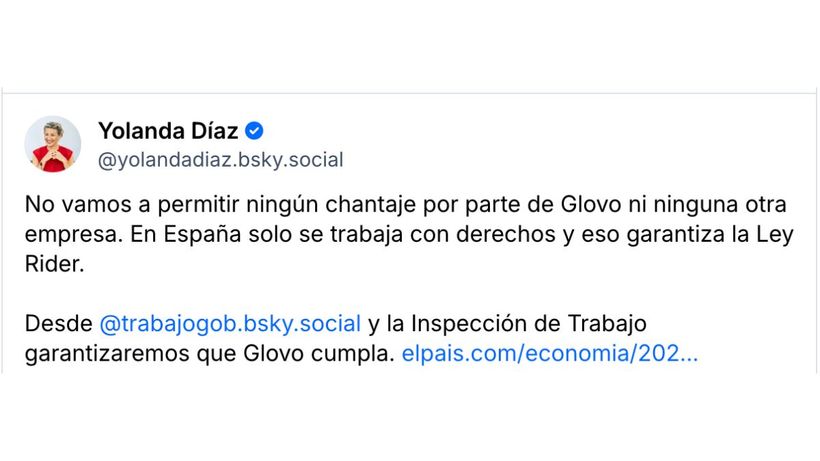 Mensaje de Yolanda Díaz sobre el ERE de Glovo