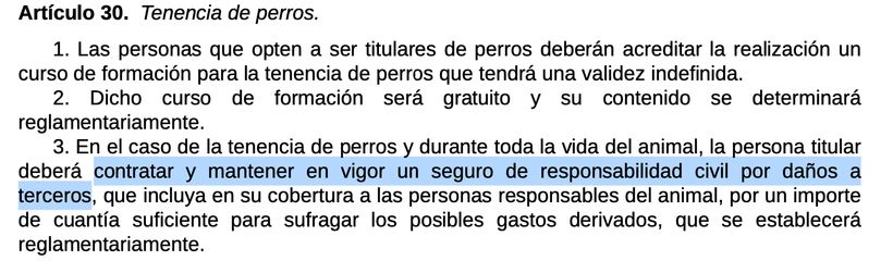 Captura de pantalla del art.30 de la Ley de Bienestar Animal- BOE.
