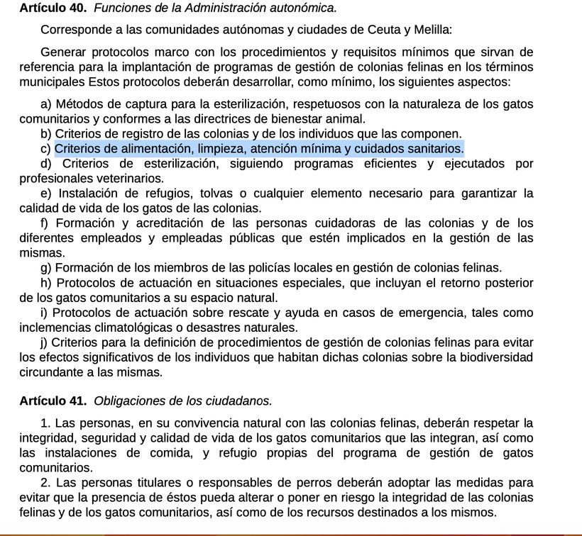 Captura de pantalla de los art.40 y 41 de la Ley de Bienestar Animal- BOE.