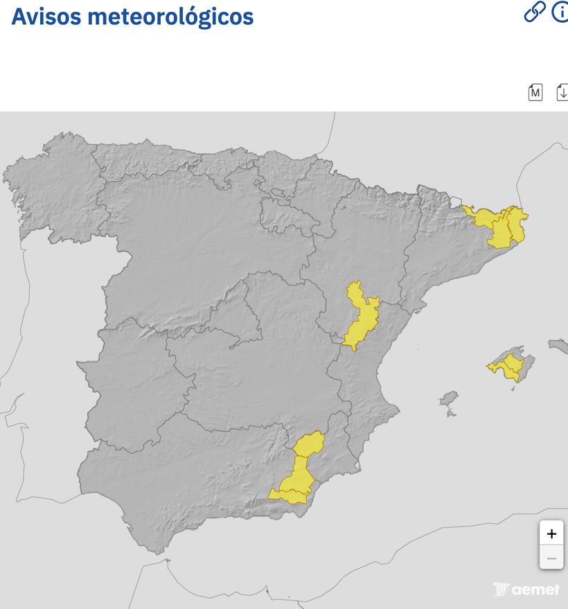 Captura de pantalla de los avisos meteorológicos para este miércoles- AEMET.
