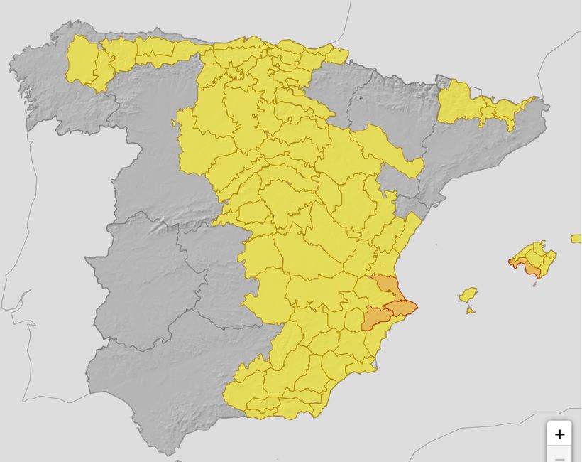 Captura de pantalla del mapa de avisos de la AEMET.