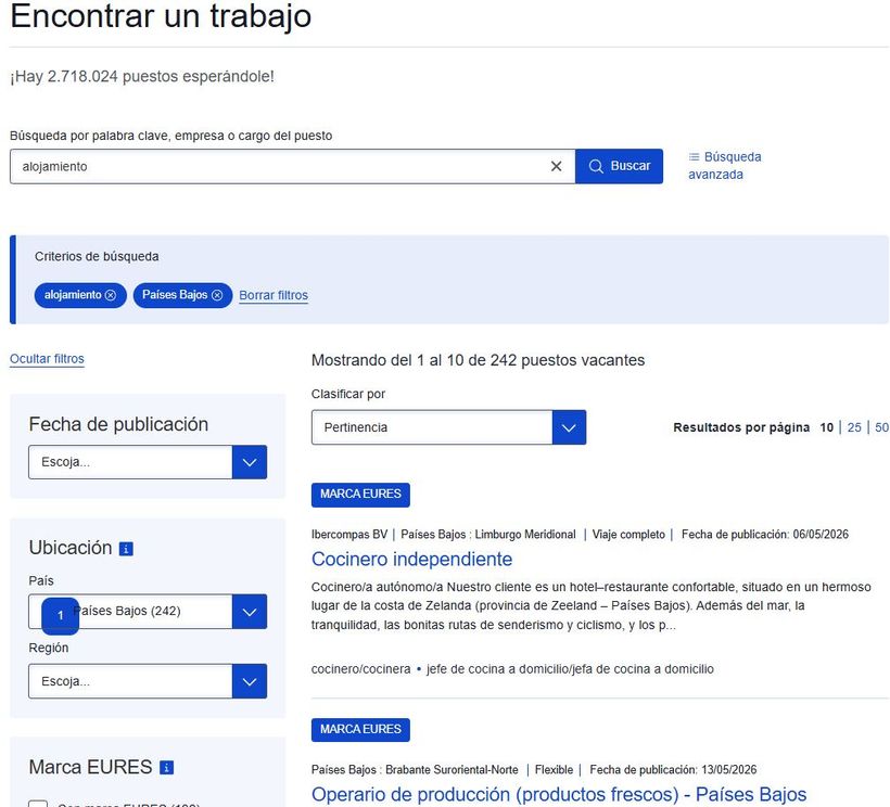 captura del buscador de ofertas de empleo de eures