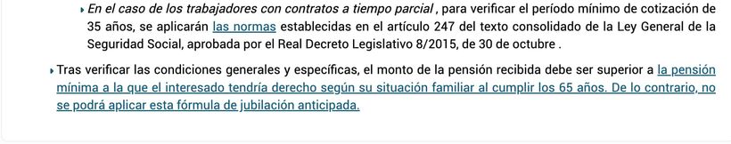 Captura web de la Seguridad Social sobre el requisito jubilación anticipada voluntaria