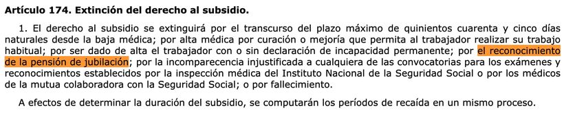 Captura del artículo 174 de la Ley General de la Seguridad Social