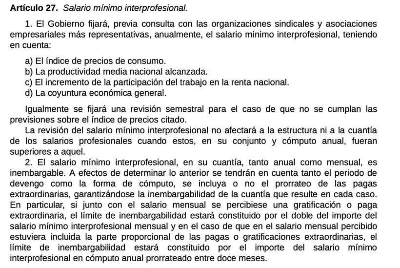 Captura de pantalla del Art.27 del Estatuto de los Trabajadores.