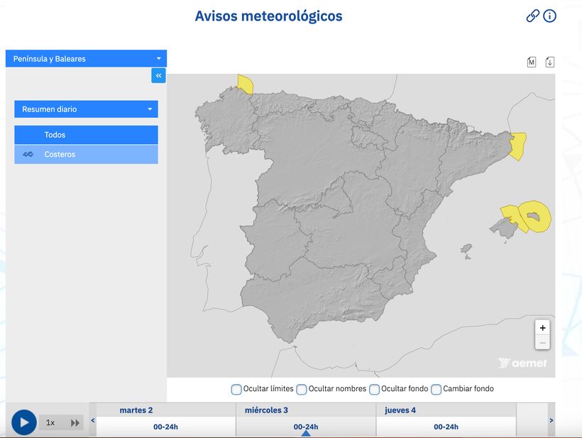 Captura de pantalla del aviso meteorólogico para el miércoles 3 de junio- AEMET.