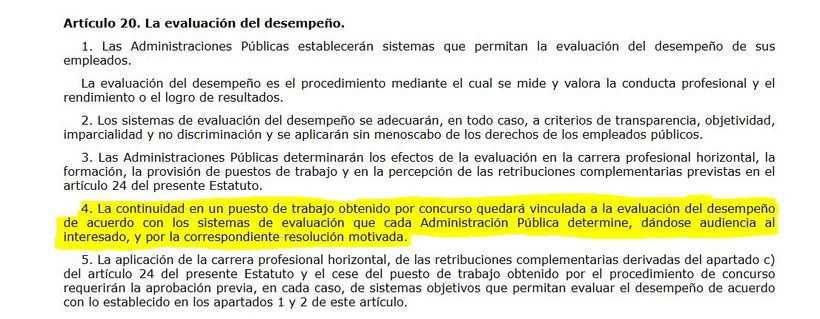captura del articulo 20 del Texto Refundido de la Ley del Estatuto Básico del Empleado Público (TREBEP),