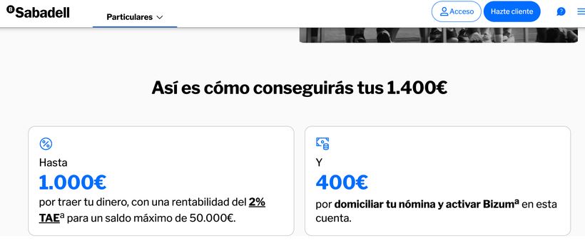 Captura de pantalla de la promoción del banco- Sabadell