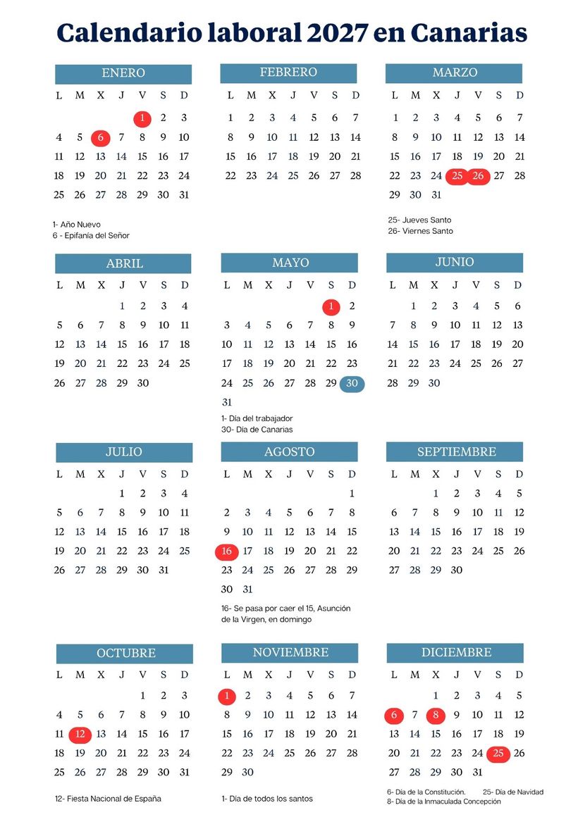 Calendario laboral Canarias 2027