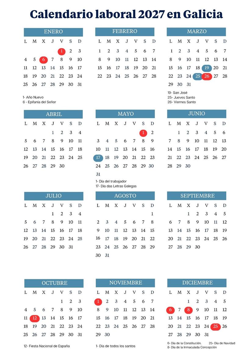 Calendario laboral de Galicia 2027