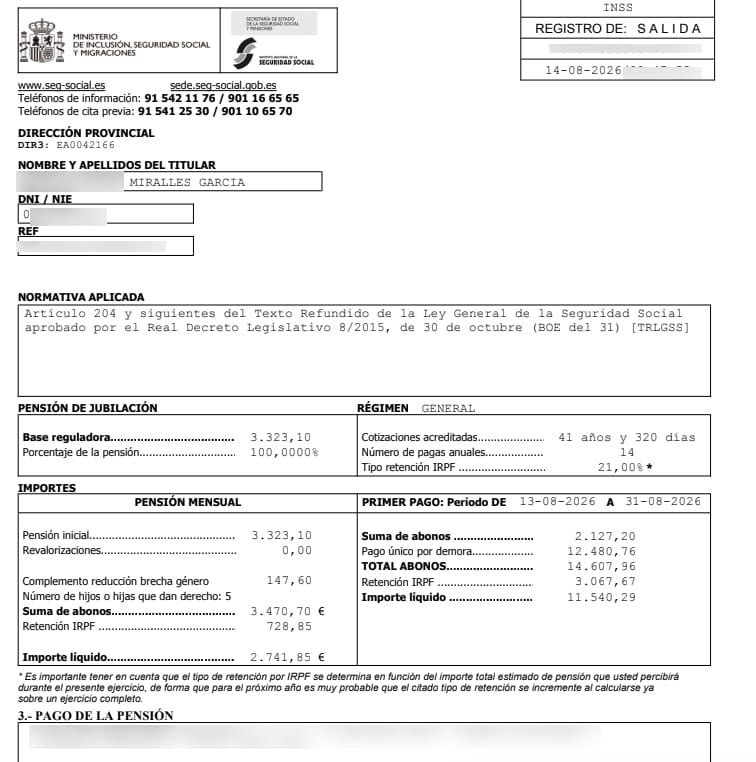 Carta de resolución de la pensión de jubilación