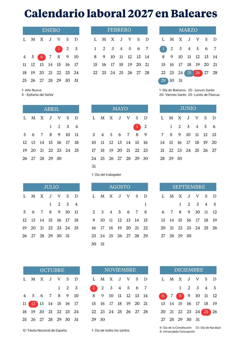 Calendario laboral 2027 de Baleares