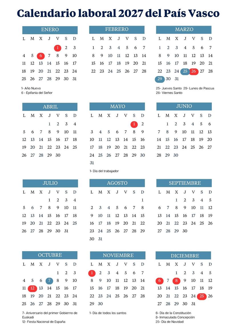 Calendario laboral 2027 del País Vasco