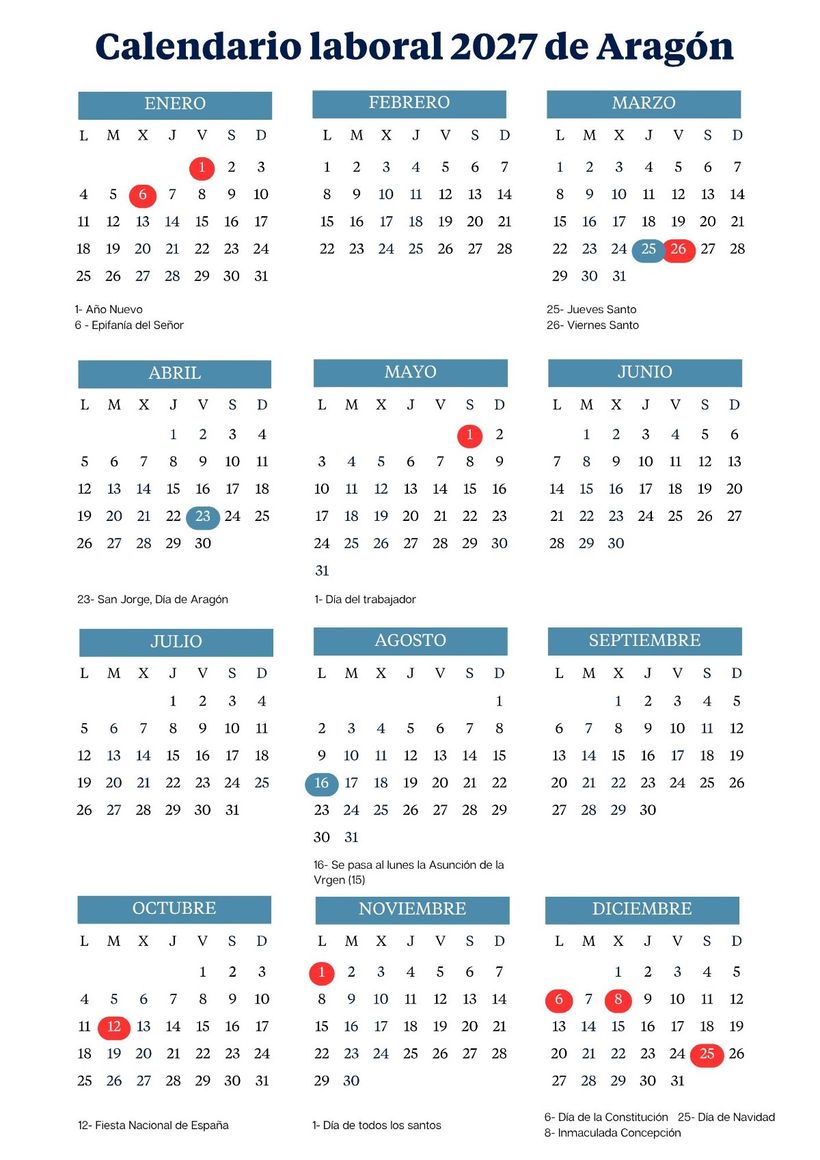 Calendario laboral 2027 de Aragón