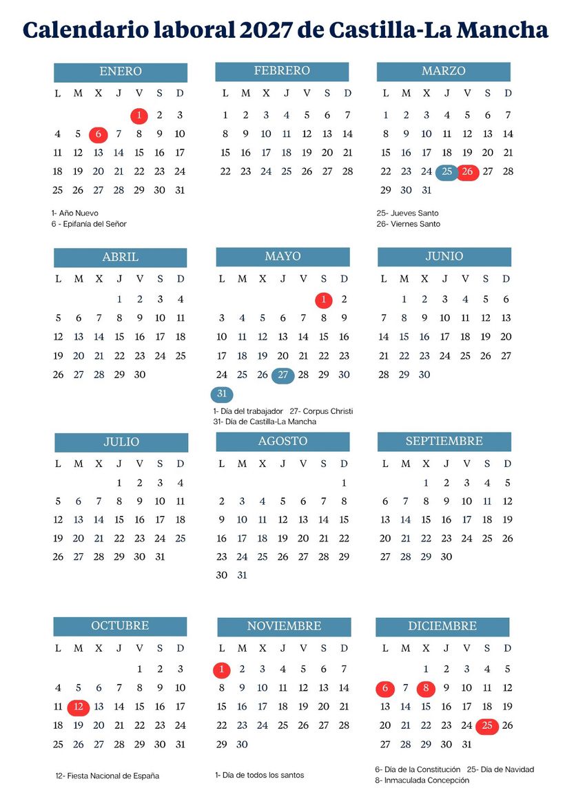 Calendario laboral 2027 de Castilla-La Mancha