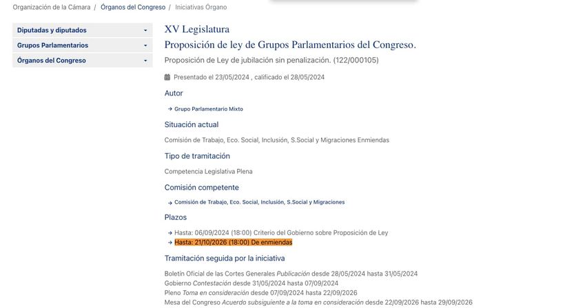 Captura del Congreso sobre la proposición de ley sin penalización jubilación anticipada