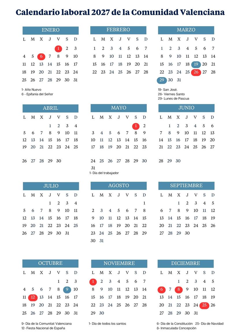 Calendario laboral de la Comunidad Valenciana 2027