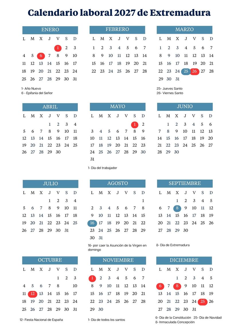Calendario laboral 2027 de Extremadura