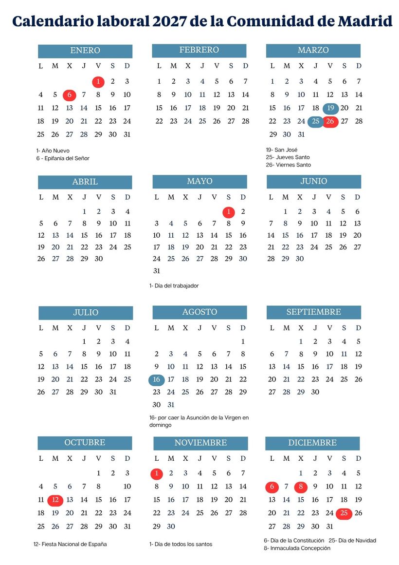 Calendario laboral 2027 de la Comunidad de Madrid