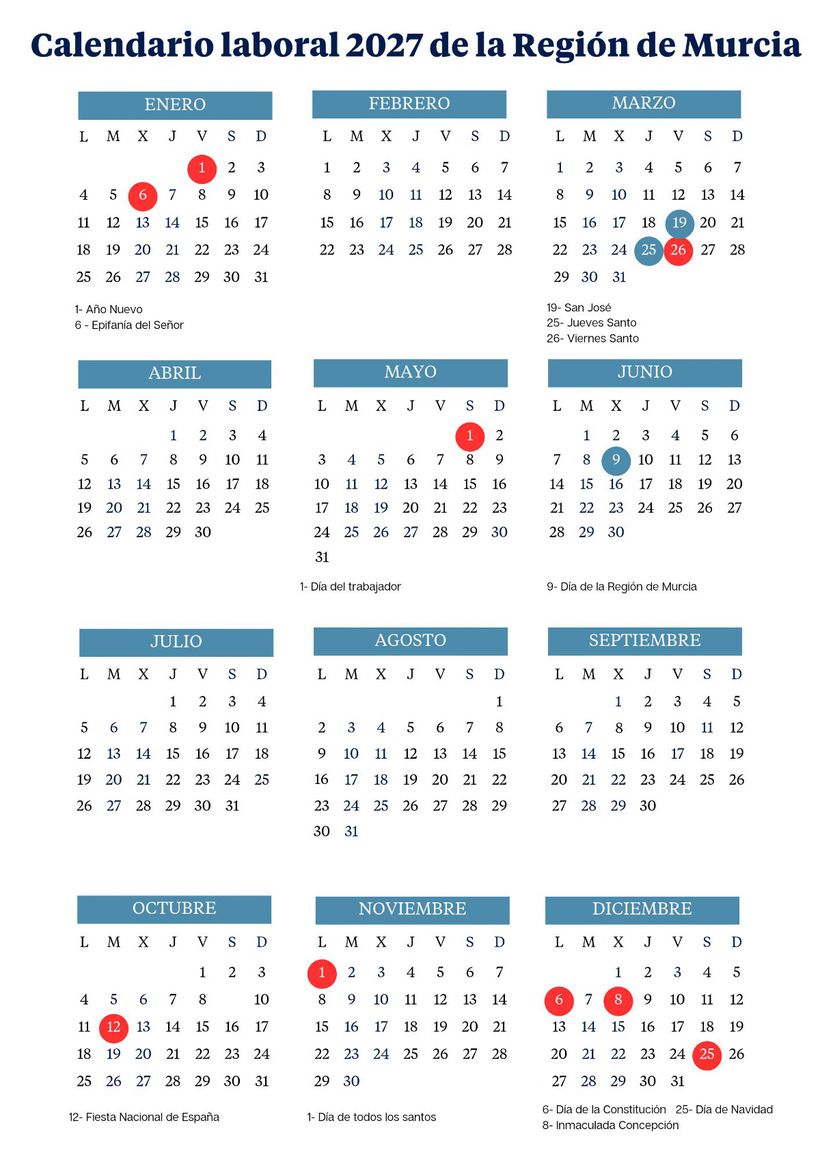 Calendario laboral 2027 de la Región de Murcia