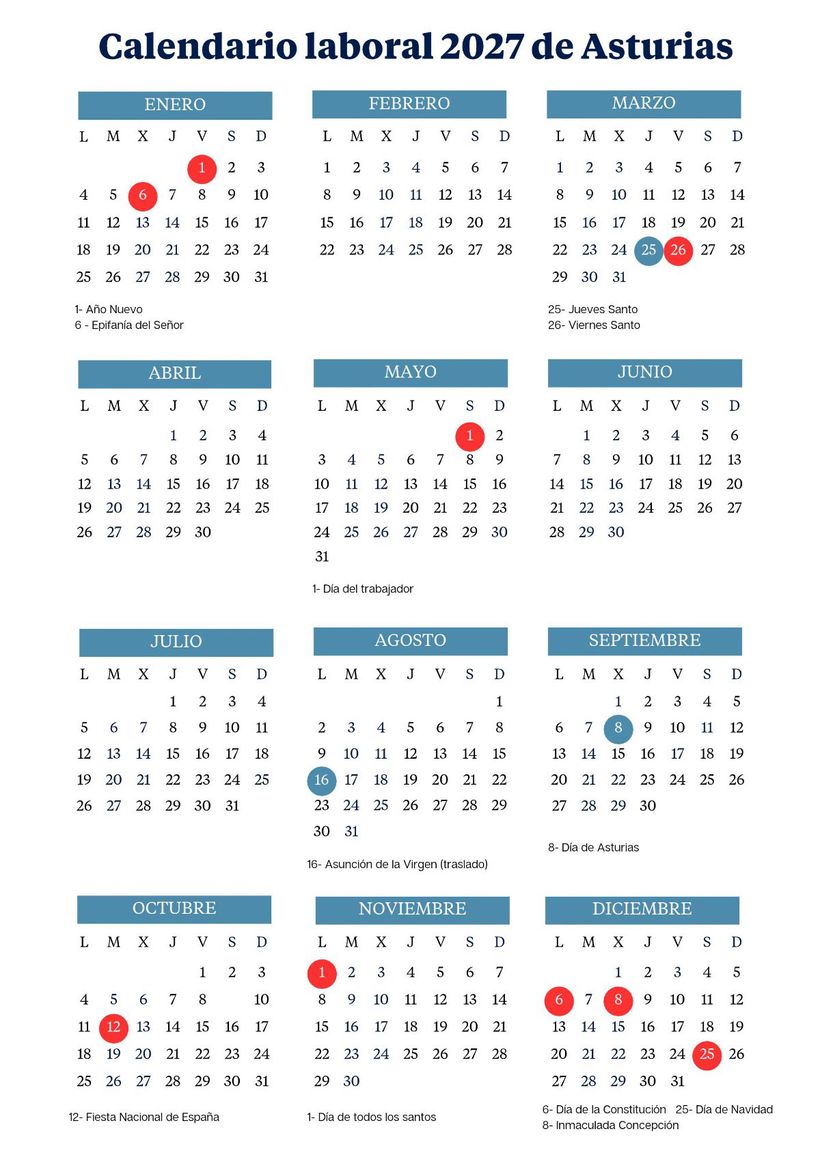 Calendario laboral 2027 de Asturias