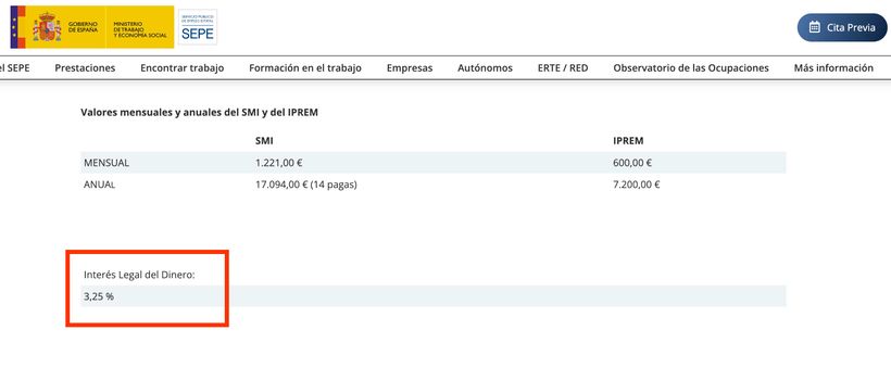 Captura de la web del SEPE mostrando el interes legal del dinero