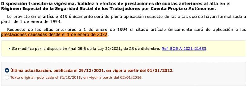 Disposición transitoria vigésima de la Ley General de la Seguridad Social