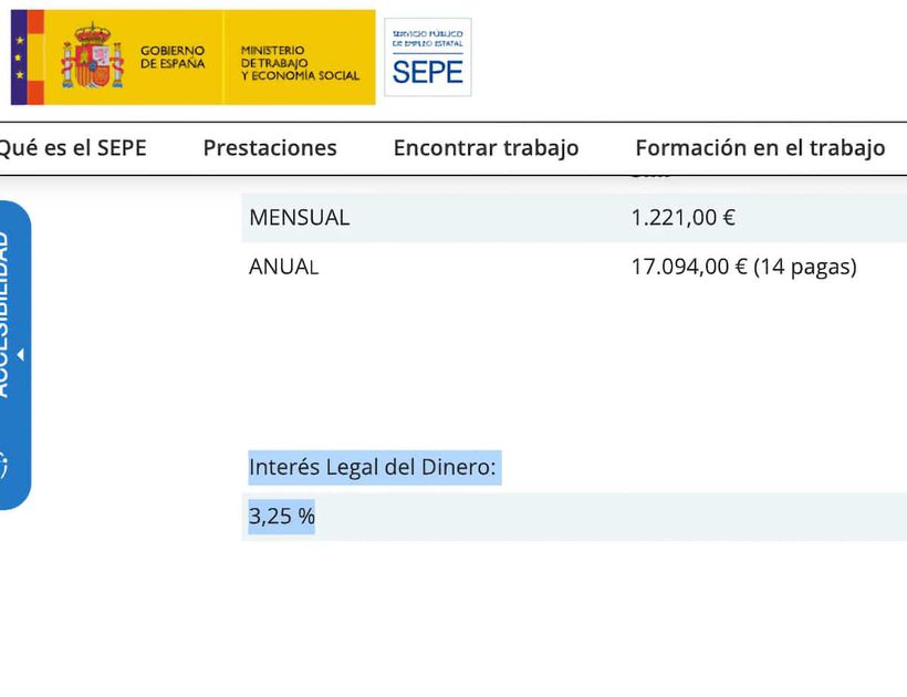 Captura de la web del SEPE donde viene regulado el interés legal del dinero