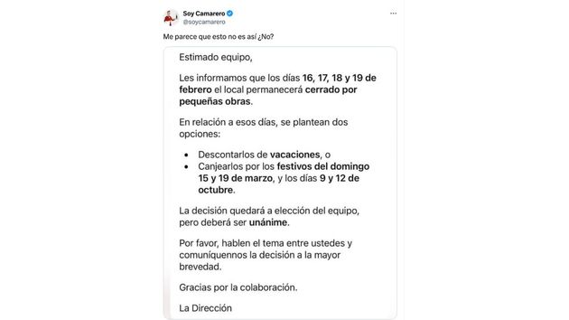 Una empresa cierra cuatro días y pretende que los trabajadores los paguen con sus vacaciones: el mensaje indigna en redes