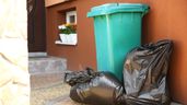 Bolsas de basura junto a un contenedor