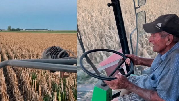el agricultor en su máquina cosechadora