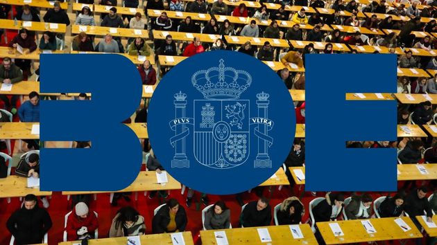 Logotipo del BOE sobre personas opositando
