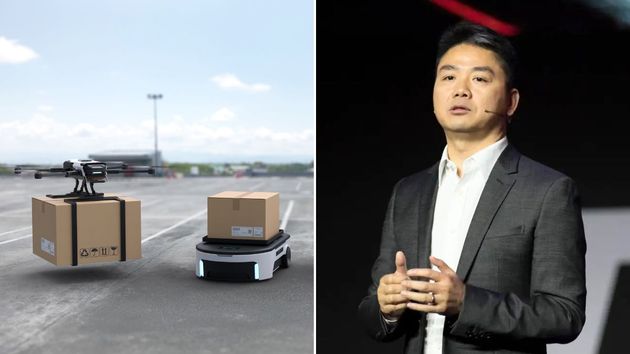 unos robots con paquetes y Richard Liu