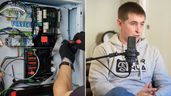 Iñaki durante una entrevista y un electricista montando una instalación