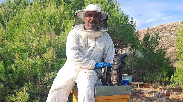 Fran trabajando en las colmenas