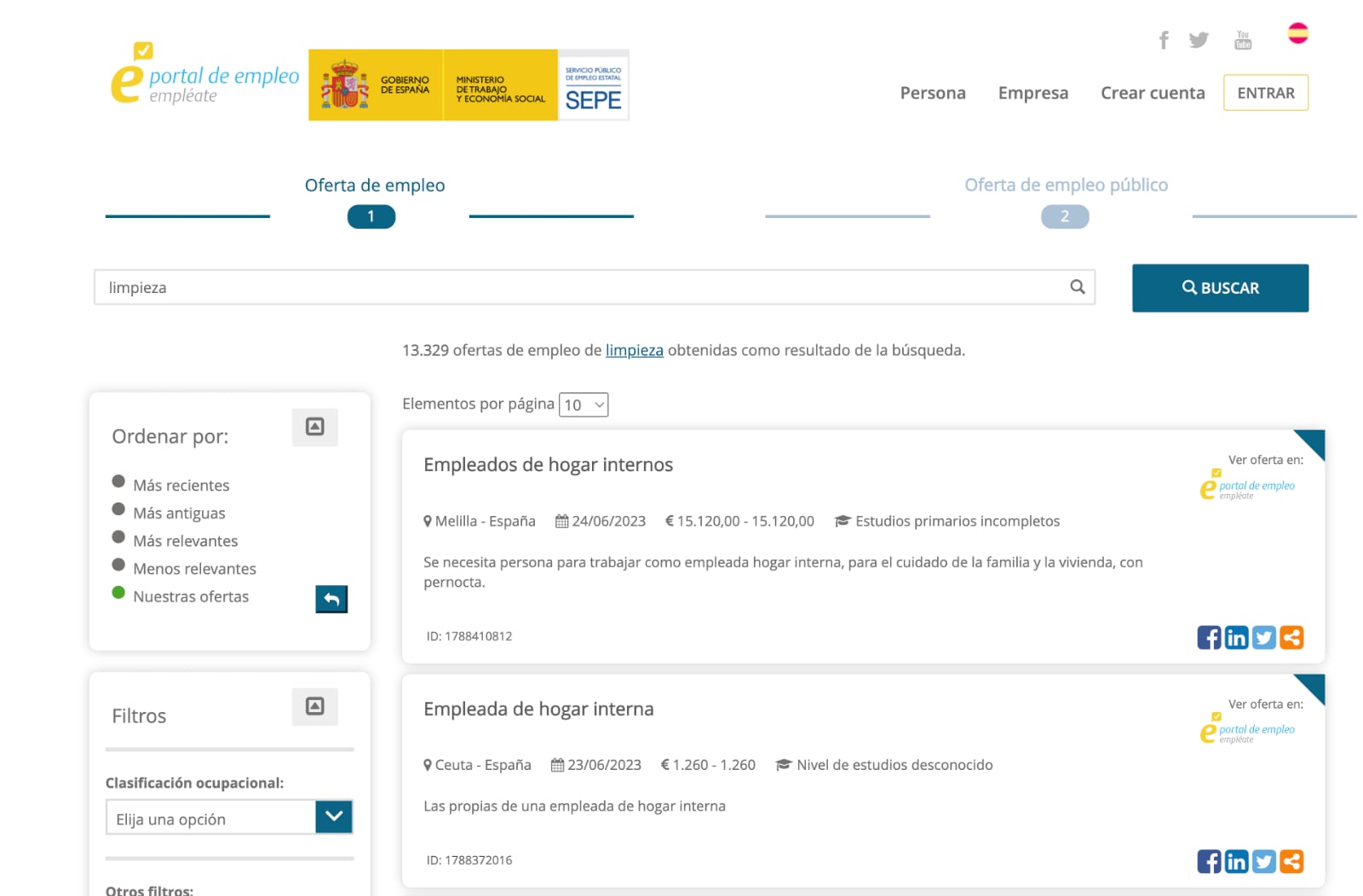 Empleo SEPE limpiadoras
