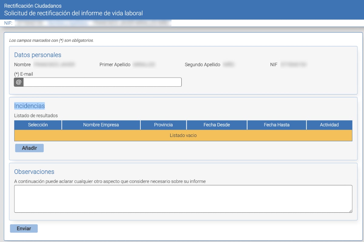 formulario para rectificar el informe de vida laboral