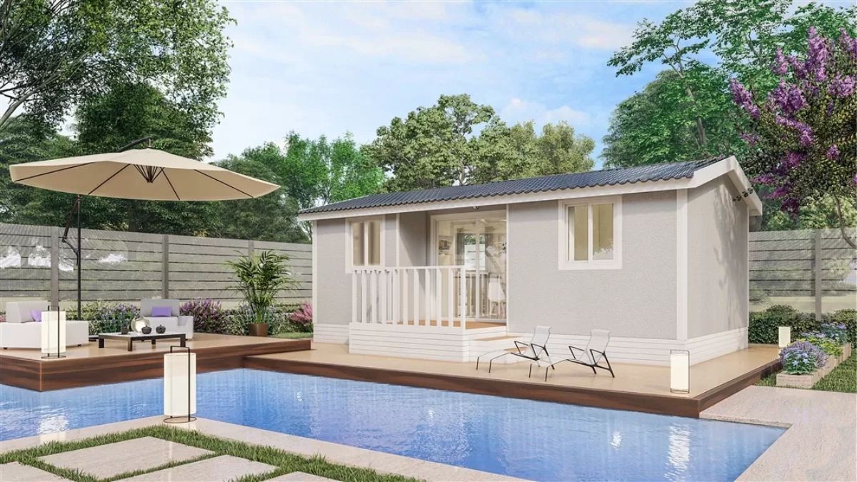 Esta casa prefabricada con terraza se vende lista para entrar a vivir con todos los muebles por 41.000 euros